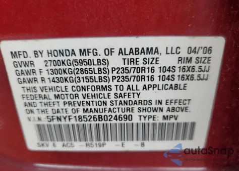2006 Honda Pilot Ex z USA, uszkodzony, nr VIN 5FNYF18526B024690